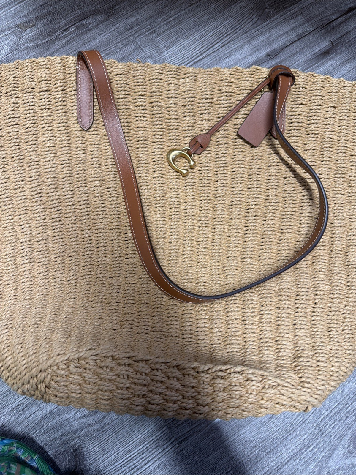 Coach Natural Straw Large Tote Tan Leather New