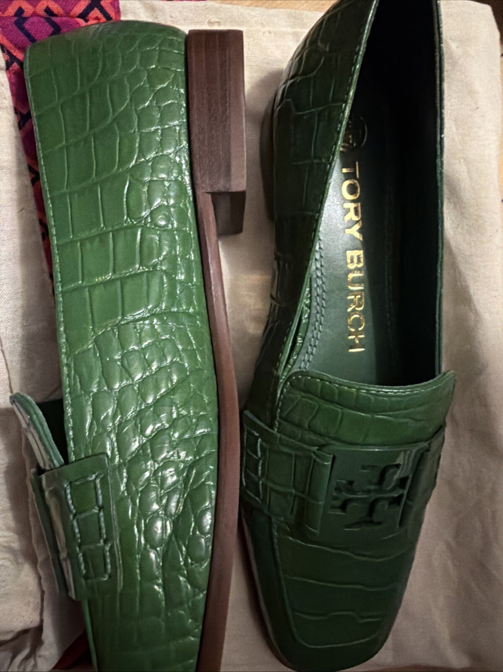 Tory Burch Georgia Green Croc Embossed Leather Loafer Uk 3.5 BN With Dust Bag